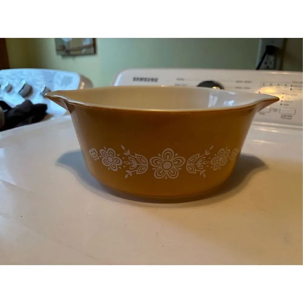 Vintage Pyrex “Butterfly Gold” casserole dish
